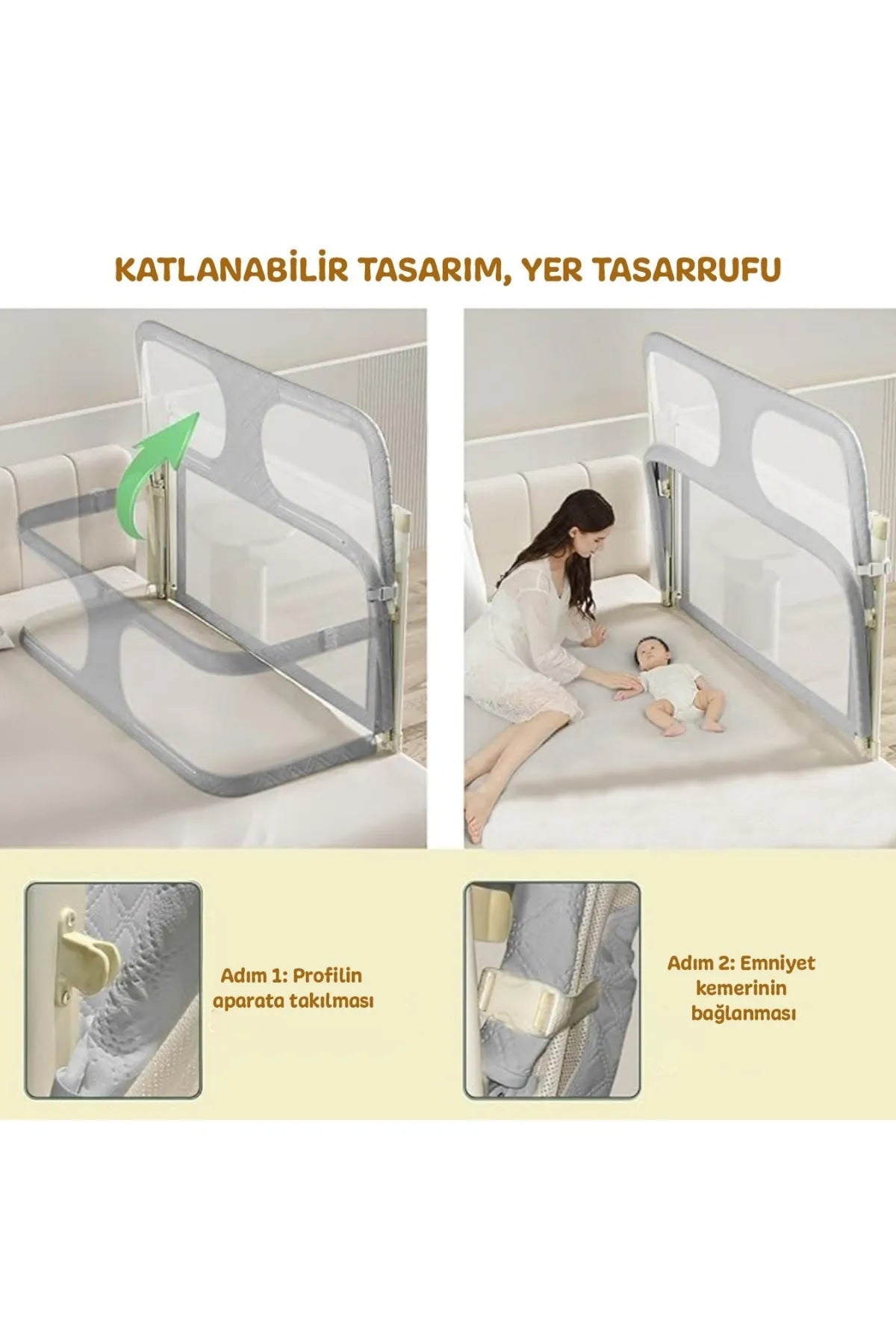 3in1 Katlanır Bebek Güvenlik Bariyeri,Yatak Üstü Bebek Beşiği,Koruyucu Birlikte Uyuma,Açılır Kapanır