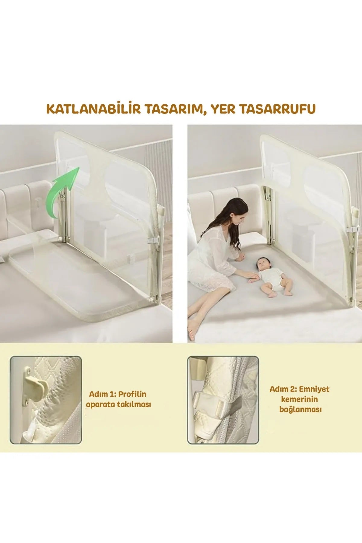 3in1 Katlanır Bebek Güvenlik Bariyeri,Yatak Üstü Bebek Beşiği,Koruyucu Birlikte Uyuma,Açılır Kapanır