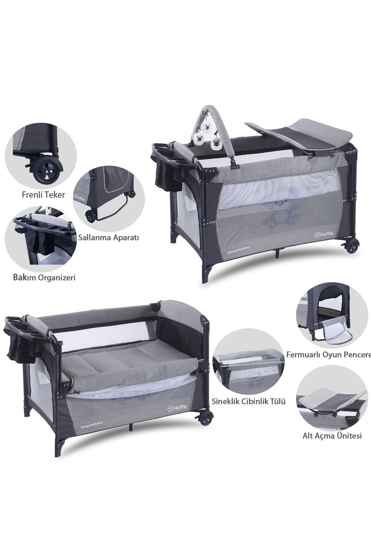 Sleep Side Play Anne Yanı Park Yatak Sallanır Cibinlikli Oyun Parkı Bebek Beşik 70x110 Cm Yataksız