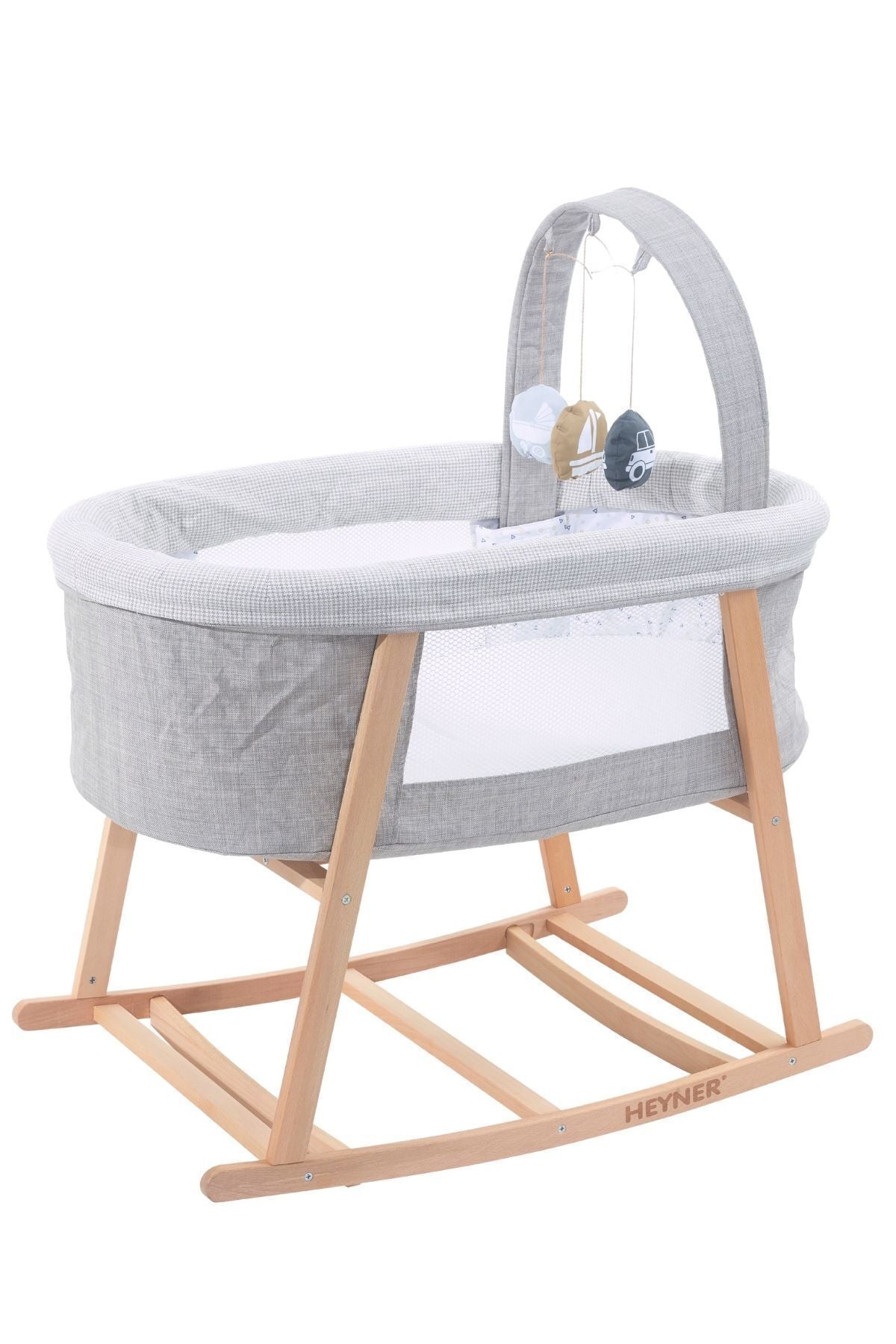 Venedik Çift Yön Sallanabilir Doğal Ahşap Anne Yanı Beşik Kapitone Keten Kumaş Yatak Dahil